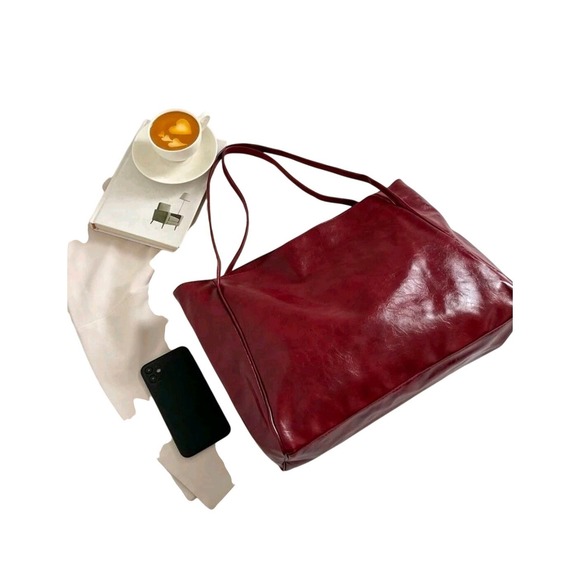 Chic Burgundy Faux Leather Tote Bag Oversized Shopper Shoulder Handbag - Picture 3 of 6